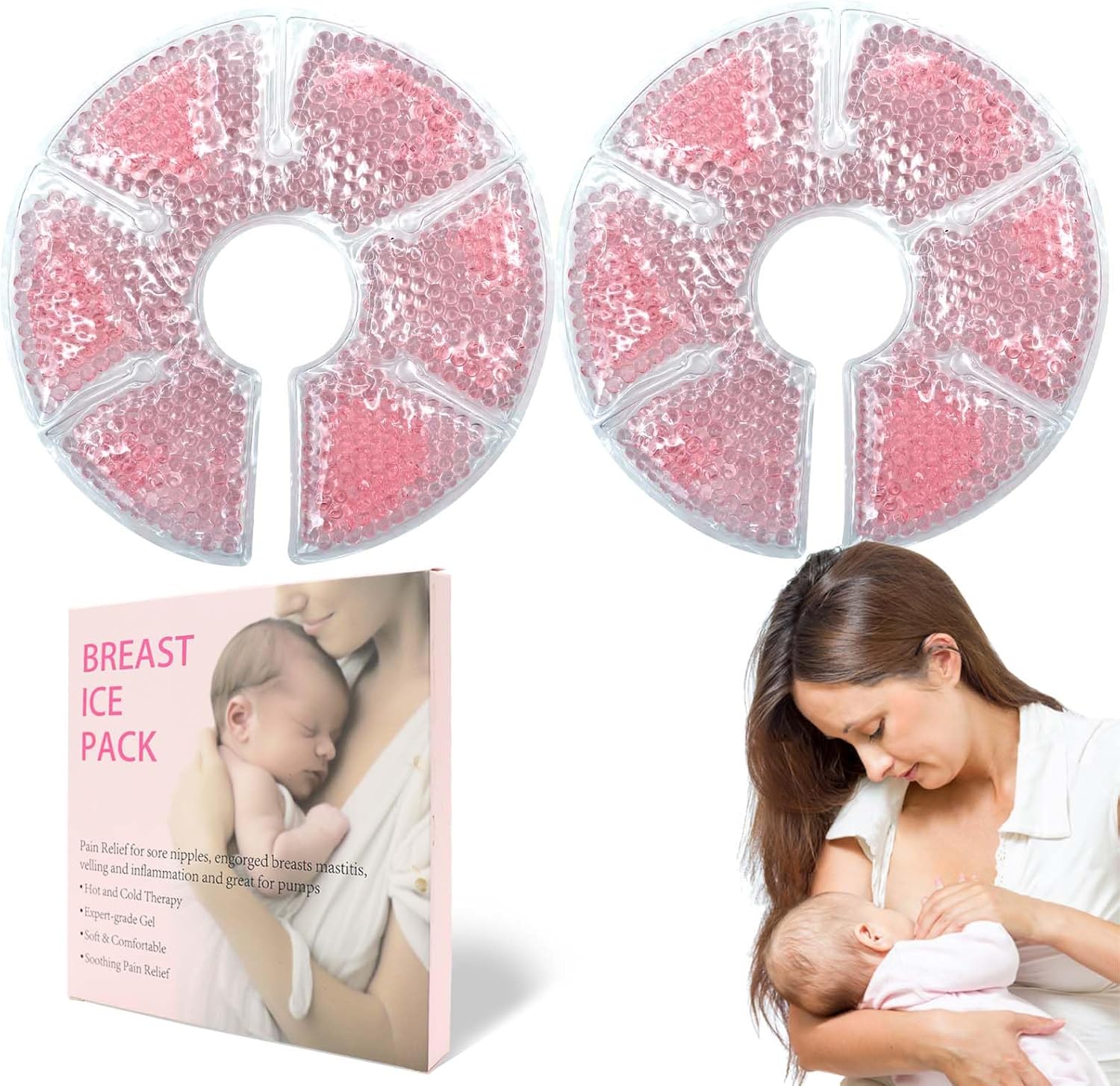 Breast Therapy Ice Packs, Hot and Cold Breast Pads, Breastfeeding Essentials Large Gel Bead Packs for Moms, 2 Pack (Pink, M)