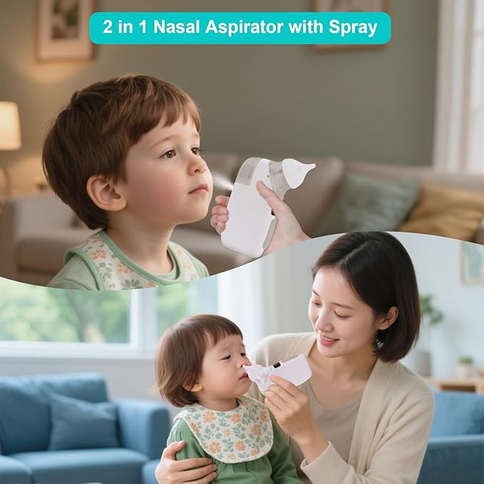 Nasal Aspirator (BC-025) for Baby, 2 in 1 Rechargeable Electric Baby Nose Suker with Sprayer, 70KPA Snot Sucker for Baby with 5 Suction Levels, Type-C Charging with Music and Soothing Light