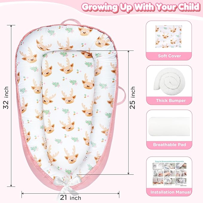 KISS GOLD Baby Lounger - Breathable Soft Cotton Cover Baby Lounger Nest, Babies Essentials Gifts, Portable Lounger for Baby Tummy Time Floor Playing Seated Support for Home and Travel