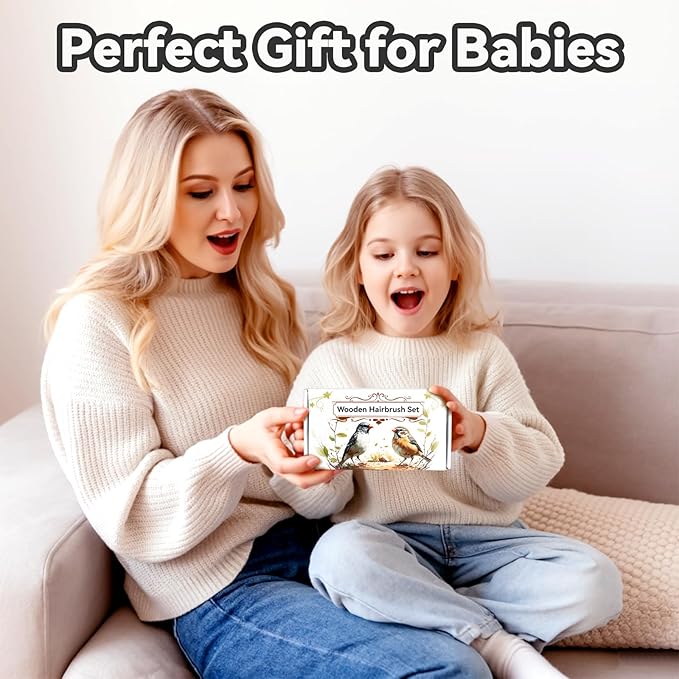 Baby Hair Brush and Comb Set, 2pcs Wooden Natural Goat Bristles Brush+ Blue Comb+ White Cradle Cap Brush Grooming Kit for Newborns Toddlers Boys Girls