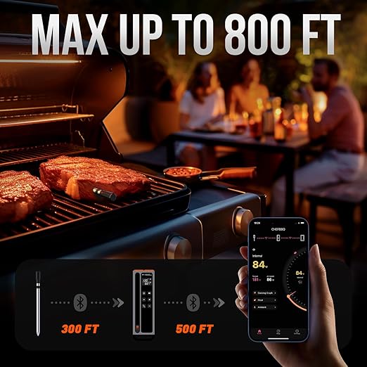 Meat Thermometer Digital Wireless, 800FT Long Range Bluetooth Cooking Thermometer, Food Thermometer for Remote Monitoring of Grill, Oven, Smoker, Air Fryer, Rotisserie, iOS & Android App