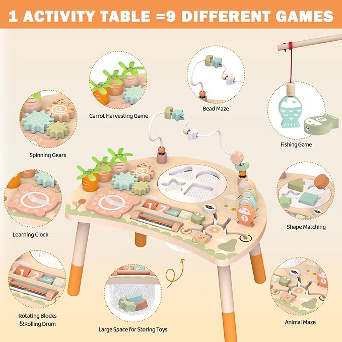 Activity Table for 1+ Year Old, 9-in-1 Wooden Montessori Toy Activity Center with Shape Sorter Fishing Game Bead Maze, Baby Play Table Sensory Educational Toys for Toddler