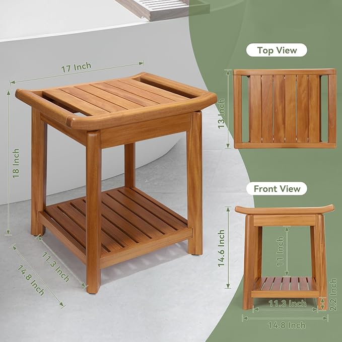 Teak Shower Bench-Solid Teak Wood Shower Chair with Towel Bars & Storage Shelf, Stable Non-Slip Bathroom Stool for Elderly & Recovery, Heavy Duty Shower Seat for Inside Shower & Tub Safety 17 inch
