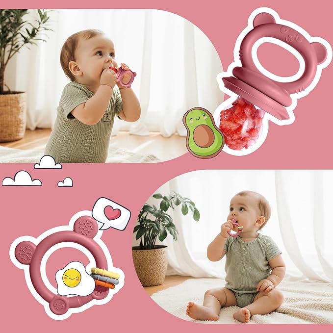Baby Fruit Food Feeder & Breastmilk Popsicle Molds for Teething Relief, Baby Feeding Sets, 1 Freezer Tray with Lid & 1 Teether Toy & 1 Silicone Teething Pacifier Feeder, Extra Food Pouches (Red)