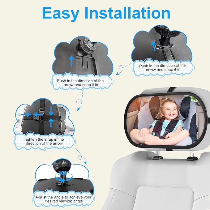 Baby Car Mirror, Safety Car Seat Mirror for Rear Facing Infant, Clear Wide View, 360°Rotation, Easily Observe the Baby Move, Secure, Shatterproof, Crash Tested and Certified (2-Pack)