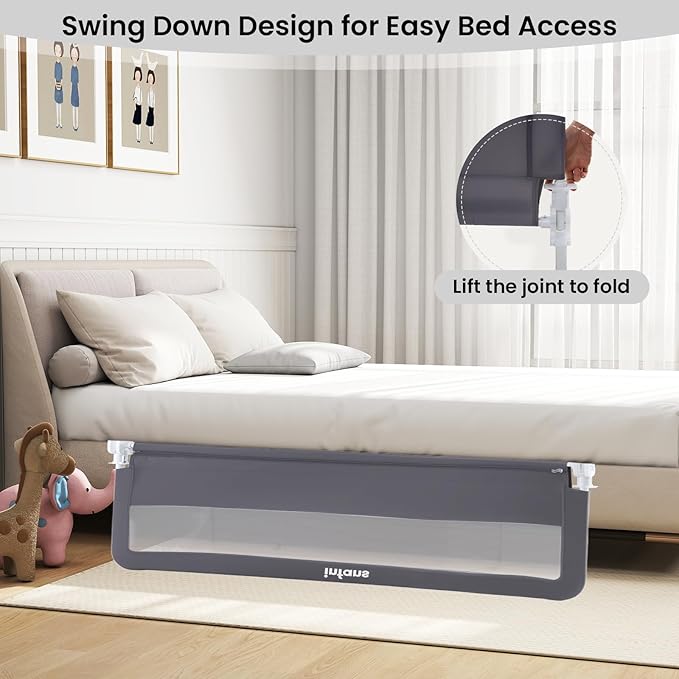 INFANS Bed Rail for Toddlers, 59" Foldable Safety Baby Crib Rail Fit for Kids Twin, Extra Long Swing Down Bed Guardrail for Convertible Crib, Queen, Full, King Mattress Side Guard (Gray)