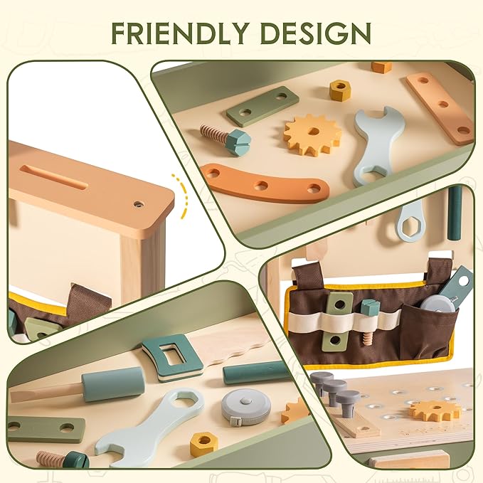 ROBOTIME Wooden Kids Tool Bench, Toddler Tool Bench - Toy Play Workbench Workshop with Tool Belt, Play Tools Set, Drawing Paper for Construction Play, Perfect for Kids Ages 3-5