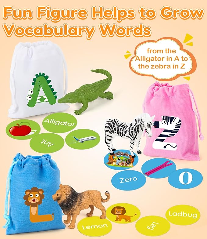 Alphabet Learning Toys for Toddlers, Word Work Small Group Set with 104 Phonics Flash Cards and 26 Animal Figurines, Fun Education Classroom Supplies Alphabet Sounds Teaching Games for Kids