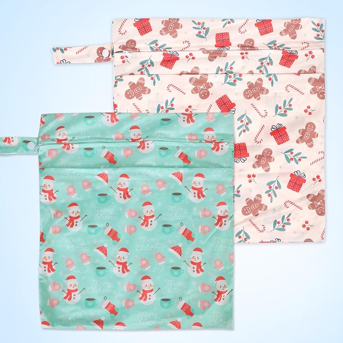 2pcs Cloth Diaper Wet Dry Bags, Waterproof Reusable Wet Bag with 2 Zipper Pockets & Handle, Washable Laundry Bags for Baby Adult Clothes Travel Beach Pool Daycare Yoga Gym Exercise Swimsuits,