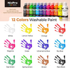 Nicpro Washable Paint for Kids, Kids Painting Set with Cups and Paintbrushes, 12 Vibrant Colors(2 oz), Non Toxic Washable Finger Paint for Toddlers Preschool Home School Children Art Painting Supplies