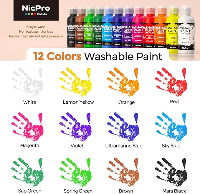 Nicpro Washable Paint for Kids, Kids Painting Set with Cups and Paintbrushes, 12 Vibrant Colors(2 oz), Non Toxic Washable Finger Paint for Toddlers Preschool Home School Children Art Painting Supplies