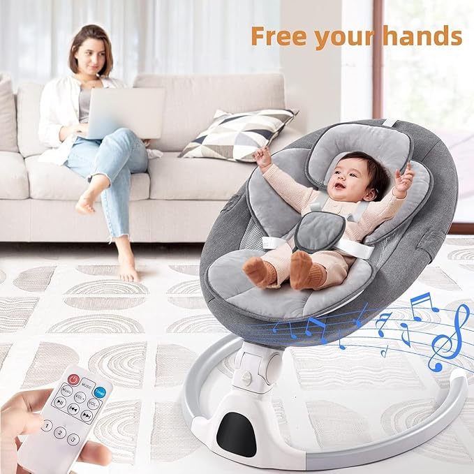 Baby Swing for Infants,Comfort Cradling Baby Rocker Portable Newborn Swing with Music/Remote Control/Timing Function,Grey