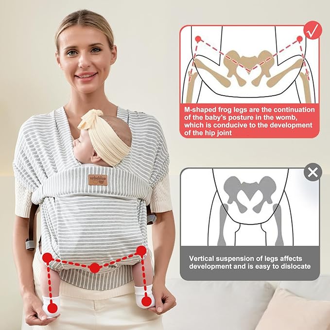 Baby Wraps Carrier Newborn to Toddler, Kangaroo Baby Easy Wearing Wrap, Adjustable Soft Baby Holder Front Chest Sling Carriers Perfect Infant Essentials Gifts (Striped Grey, Cotton)