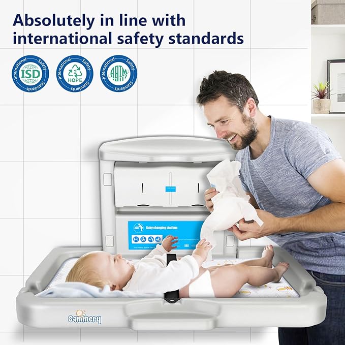 Commercial Baby Changing Station,Wall Mounted Baby Changing Station with Safety Strap,Wall Mounted Changing Table for Commercial Bathroom, Baby Changing Station That Makes Every Mother Happy