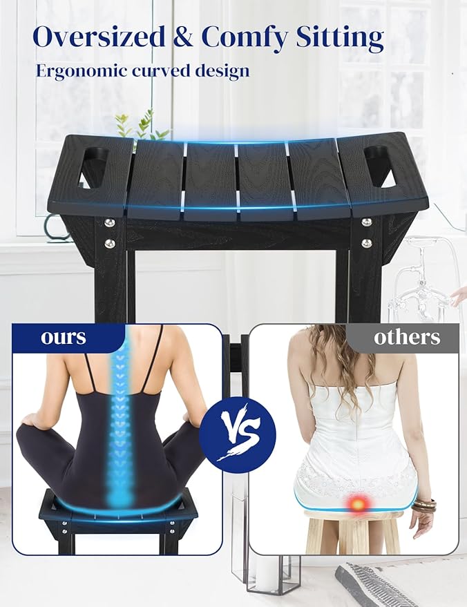 Waterproof Shower Bench, Poly Lumber Shower Stool for Shaving Legs, Shower Chair Seat with Storage Shelf and Handles, Bathroom Bench for Inside Shower, Non-Slip (Black)