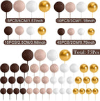 75 Pieces Cake Balls Topper Decorations Foam Cupcake Topper Mini Balloon Cake Topper Picks for Cake Deco Birthday Party Wedding（Brown Gold White Series）