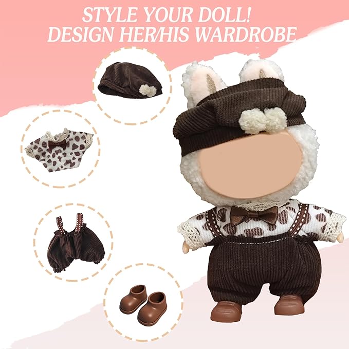 17cm Doll Clothes, Accessories for 15/17cm Dolls Clothes Headband + Overalls, Dolls Keychain Accessories, No Doll Included (Cookies Brown)