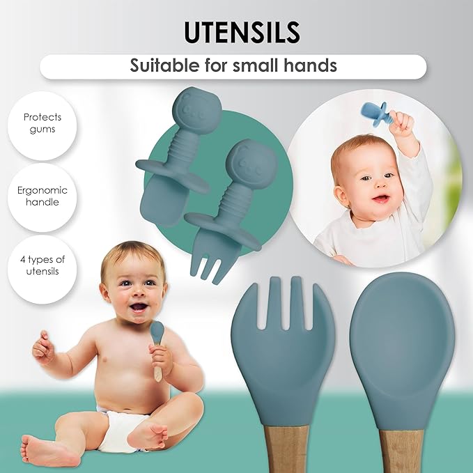 Bluet B- Silicone Baby Feeding Set - Baby Led Weaning Supplies - Baby Spoons, Suction Bowl - Plate - Baby Utensils - Silicone Feeding Set for Baby First Foods, Infant Eating - 8pcs - Blue