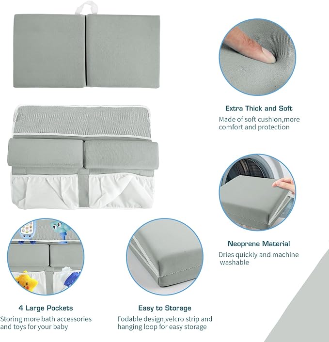 Bath Kneeler and Elbow Rest Pad, Thick Quick Dry Kneeling Pad, Elbow Support, Large Bathtub Kneeling Mat with Toy Organizer for Baby Bathing (Grey)