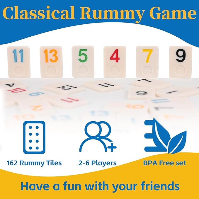 Premium Rummy Cube Game Set 6 Colors with 6 Wooden Holders and 162 Rummy Tiles, Travel Family Board Game for Adults and Kids