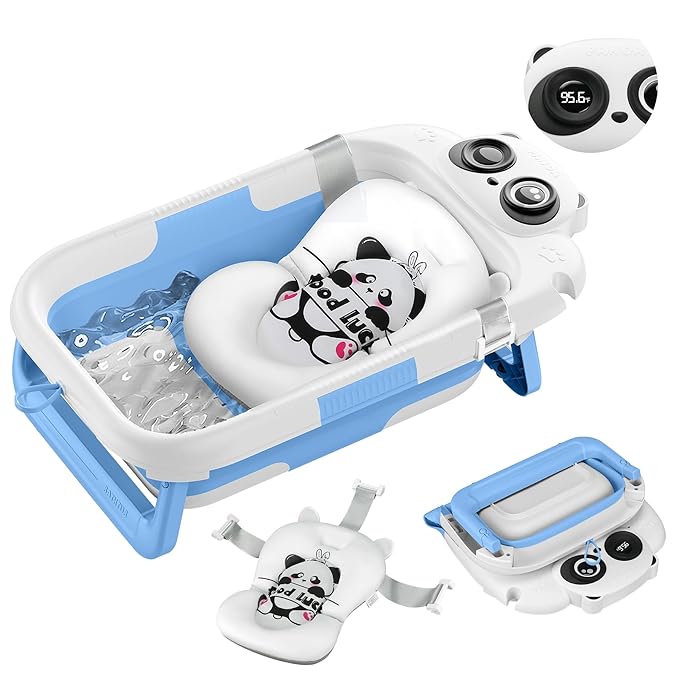 Collapsible Baby Bathtub for Newborn to Toddler (0-24 Months), Portable Baby Bath Tub for Travel, Newborn Bathtub with Soft and Supportive Cushion (Panda-Blue)