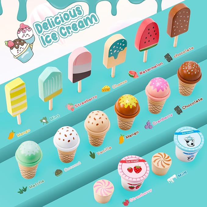 WHOHOLL Wooden Ice Cream Counter Playset for Toddler Girl Toys, Play Store Pretend Toy Food Play Kitchen Accessories with Fake Money & Coin, Gifts for 3+ Year Old Kids (Green)