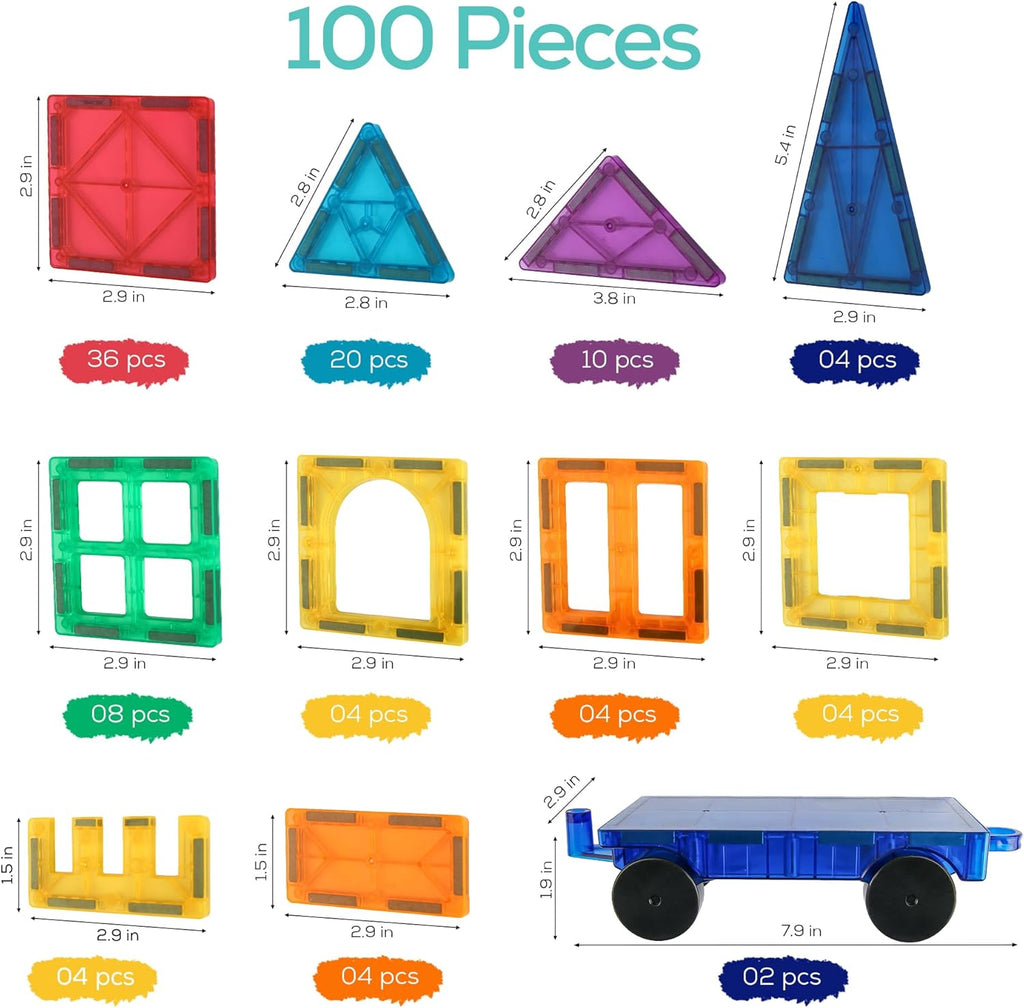Ziggzo Magnetic Tiles for Kids Ages 4-8 | 100 Magnet Tiles with Storage Bag and 2 Cars | STEM Building Blocks for Creative Learning