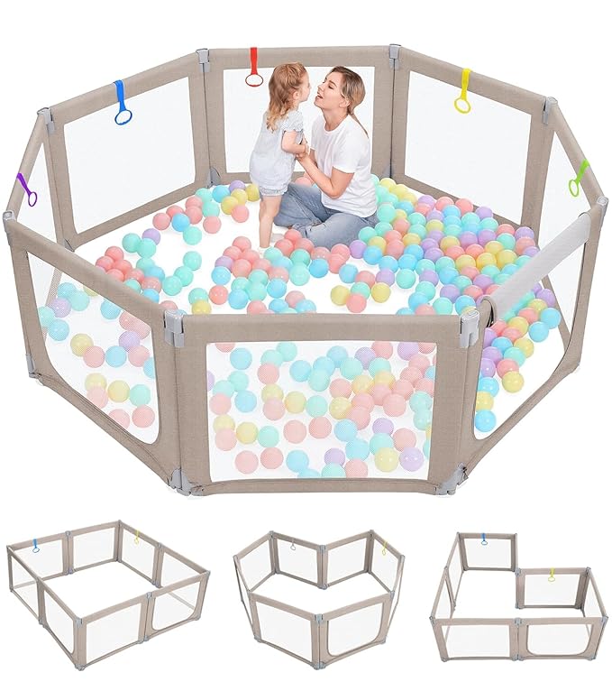 Dripex Foldable Playpen for Babies and Toddlers, 71"×69" Extra Large Baby Playpen, Indoor & Outdoor Safety Gate Collapsible Play Pen, Baby Fence Play Area with Visible Mesh, Khaki