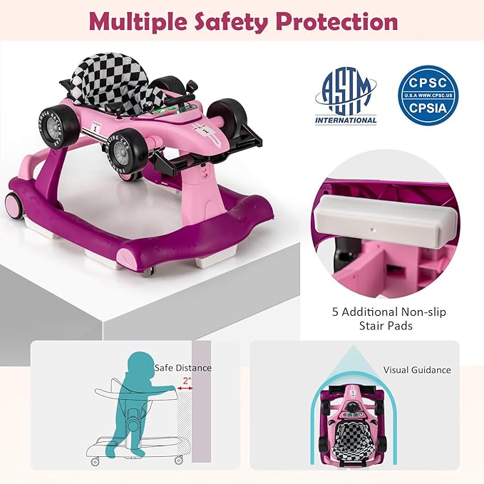 HONEY JOY 4-in-1 Baby Walker, Activity Push Walker w/3 Adjustable Heights, Smooth Wheels w/Adjustable Speed, Padded Seat, Music & Light, Foldable Car Walker for Baby Boys Girls Age 6 Months+ (Purple)