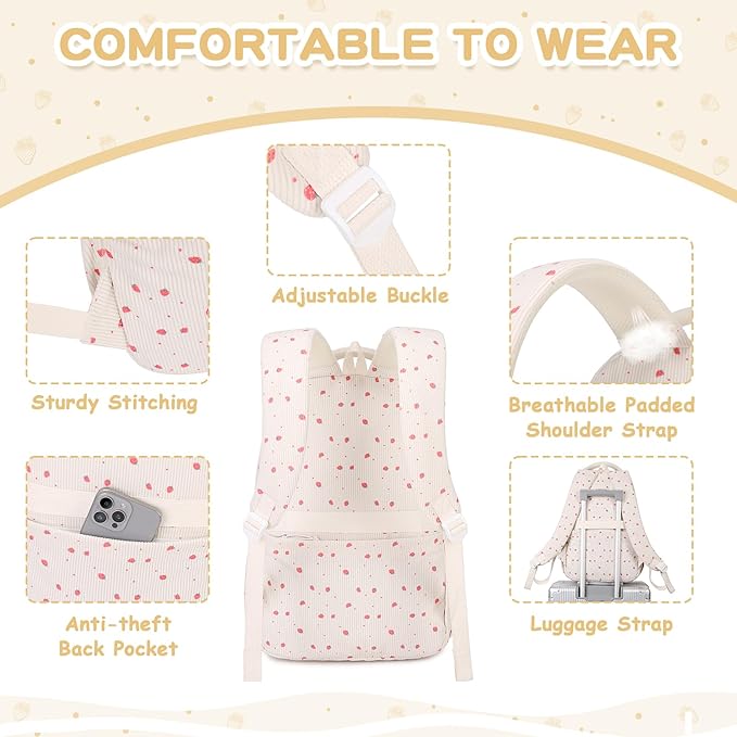 Corduroy Backpack Kids Backpack for Girls School Bags for Middle School Students Book Bag for Elementary Primary Kawaii Ita Backpack, Beige Strawberry