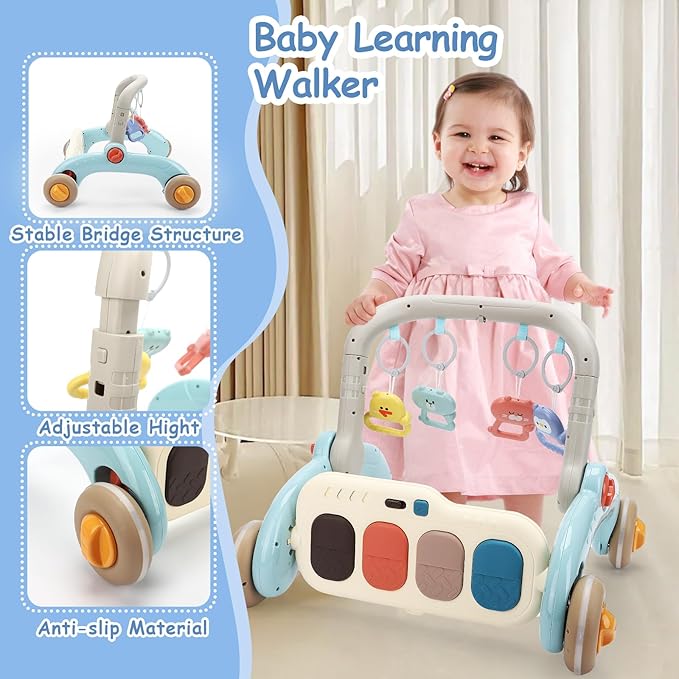 2 in 1 Baby Play Gym with Walker for Newborn, Baby Play Mat Activity Gym with 4 Infant Learning Sensory Tummy Time Mat for Infant Christmas Gifts Adjustable Height (Blue)