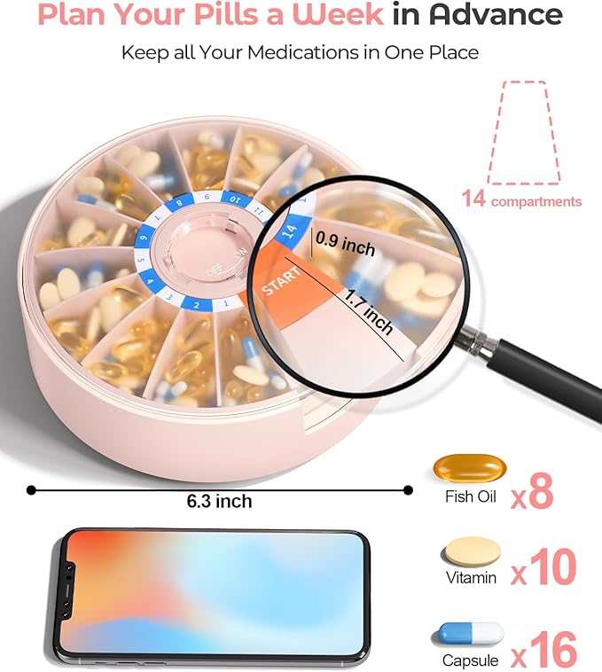 Daviky Pill Dispenser Daily, Large Pill Organizer with Wall-Mounted or Standing Use, 14 Days Pill Container, Push Button Design, Weekly Pill Box for Vitamin, Medicine,Supplement, Fish Oil(Pink)