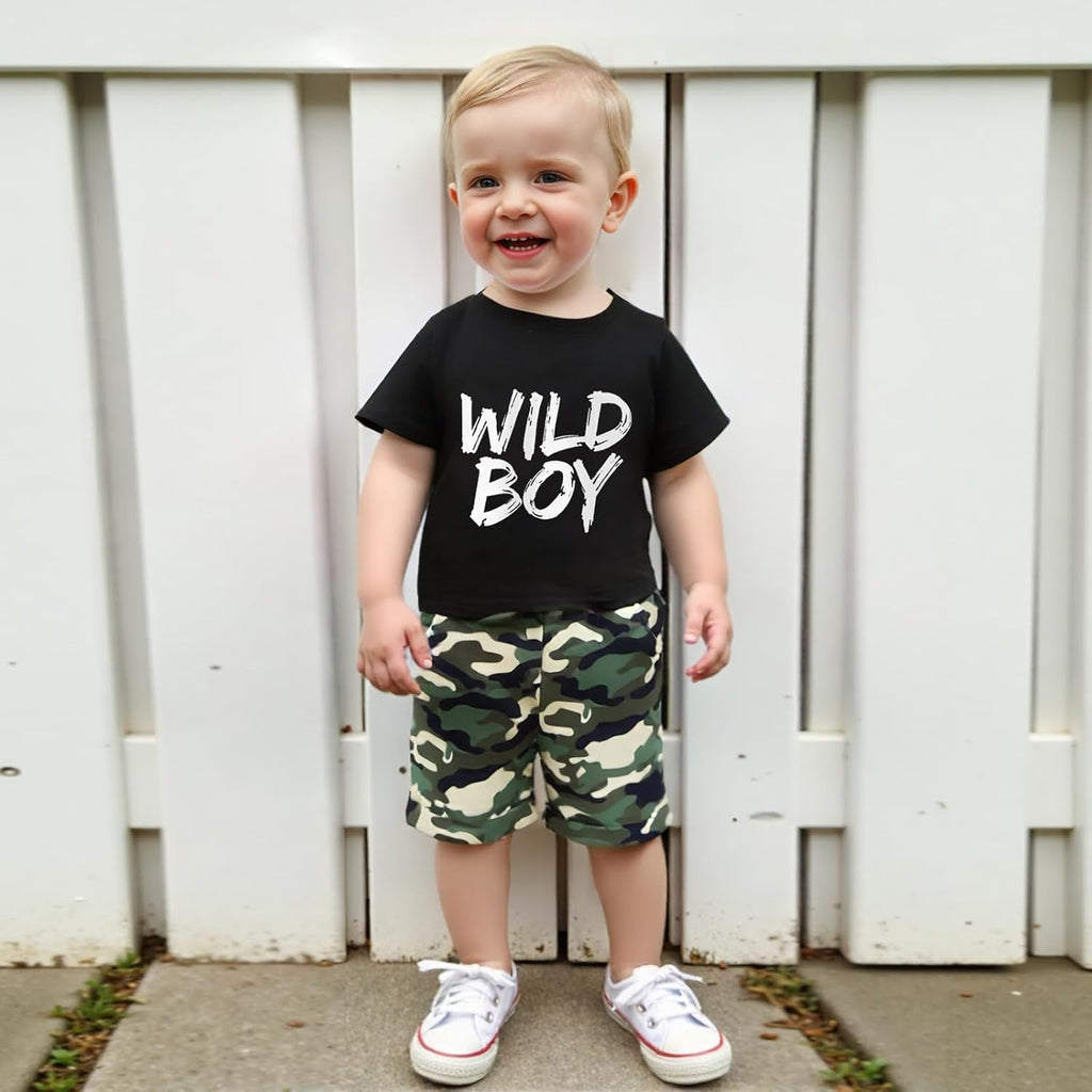 wdehow Toddler Kids Baby Boy Summer Clothes Sets 1T 2T 3T 4T 5T Letter Print Short Sleeve Tops Camouflage Shorts Outfits