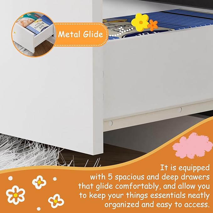 Nursery Dresser Changing Table Dresser with Changing Top Diaper Changing Station with 5 Drawers and 3 Shelves for Children's Room，White