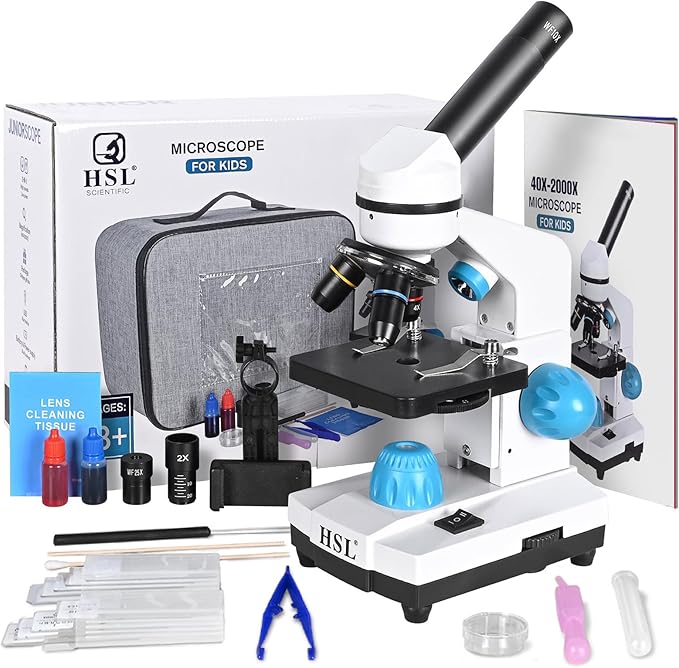 HSL Microscope for Kids,40X-2000X monocular Microscopes for Adults Students Beginner with LAD Set,Dual LED Phone Adapter Powerful Biological Microscopes for School Boys Girls Home Education Laboratory