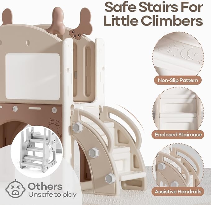 Mloong 12 in 1 Toddler Slide and Swing Set, Kids Slide for Toddlers 1-3 Years Old Baby, Indoor Outdoor with Basketball Hoop Drawing Golf for Kids Easy Assembly(Beige & Rosy Brown)(82×67×41in)