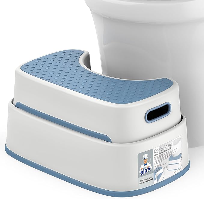 MR.SIGA Toilet Stool Squat Adult, Bathroom Stool Heavy Duty, Anti Slip Toilet Step for Bathroom, Toddler Step Stool for Kids, White & Grayish Blue