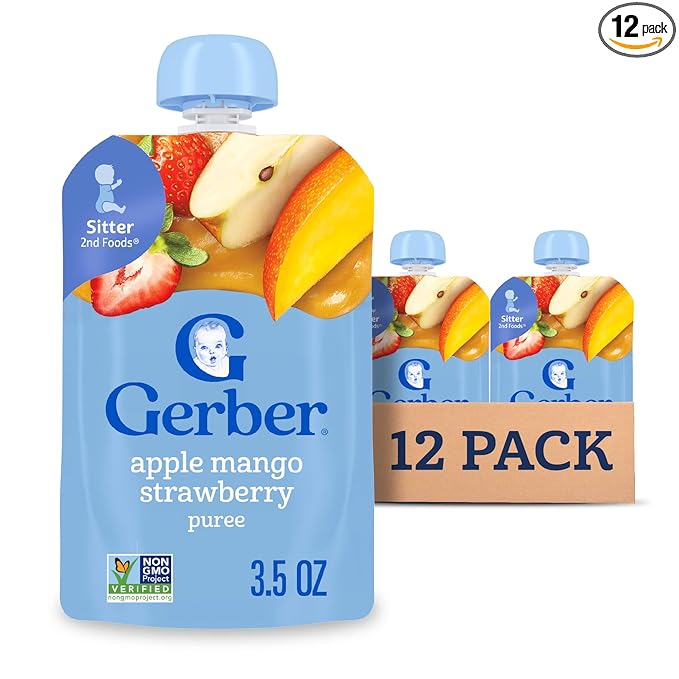Gerber Stage 2 Baby Food, Apple Mango Strawberry Puree Pouch, 2 Servings of Fruit, No Added Sweetener, No Artificial Colors or Flavors, 12-Pack