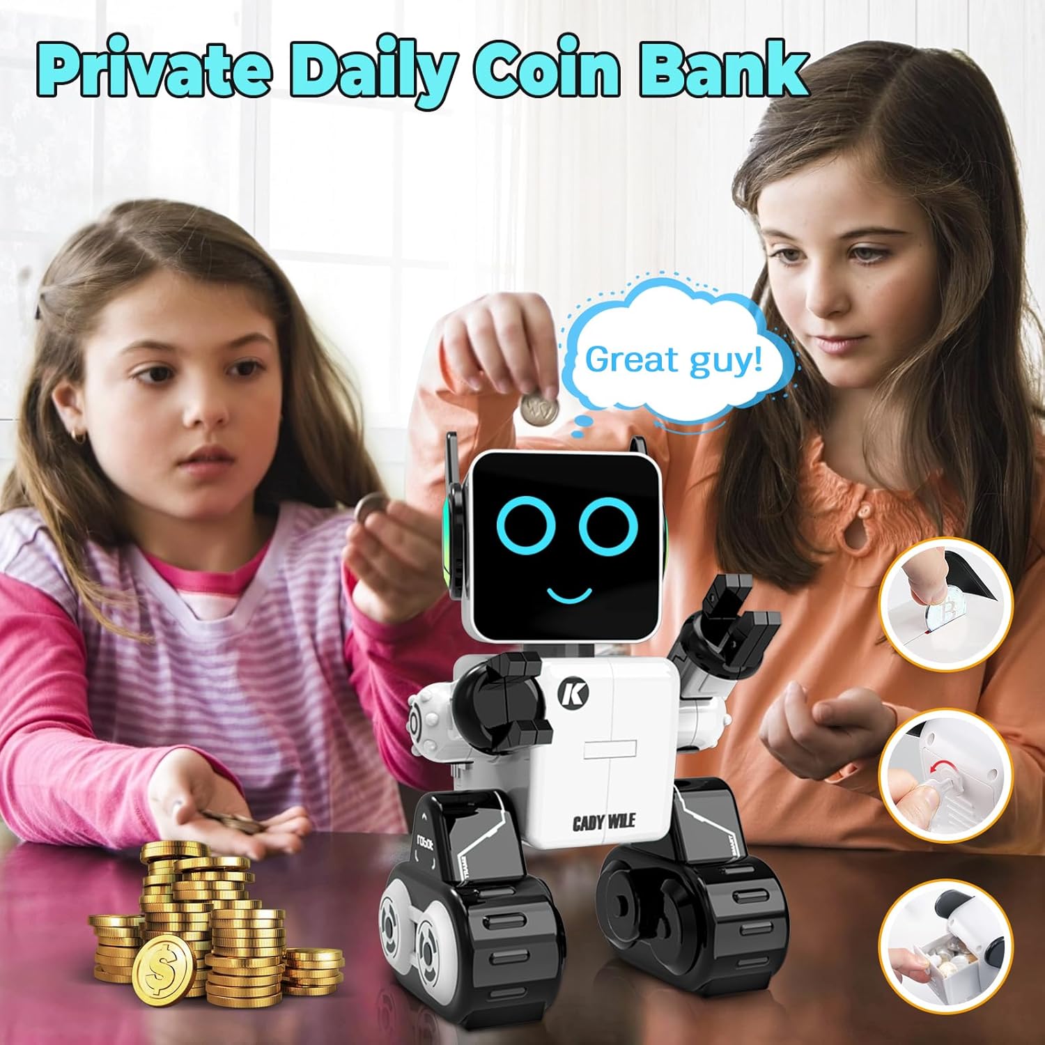 okk Robot Toys for Kids, Programmable Remote Control Robot, Interactive Toys with Coin Bank, LED and Tray, Walking Talking Singing Dancing Gift for Boys Girl（White）