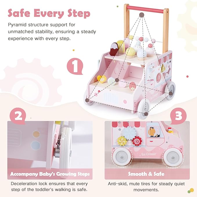 labebe Wooden Baby Walker, Push Activity Walker for Kids 12M+, Multifunctional Ice Cream Cart Activity, Adjustable Speed Learning Walking with Wheels, Birthday Gift for Girls Boys Ages 1-3 (Pink)