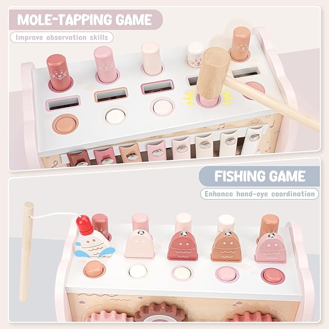 Joyreal Montessori Toys for 1 Year Old Girl Gift - Pink Wooden Hammering Pounding Toy with Xylophone & Fishing Game - Toddler Learning Activities for Kids 1+ 2 3 Year Old Christmas Birthday Gifts