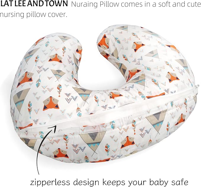 LAT Nursing Pillow for Breastfeeding,100% Cotton Removable Cover,Ergonomic Breast Feeding Pillows for Mom and Baby,Machine Washable(Orange Fox)