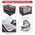 BABY JOY 4 in 1 Pack and Play, Portable Nursery Center Baby Playard w/Bassinet & Diaper Changing Table, Infant Bassinet Activity Center with Toys, Music, Oxford Bag for Toddlers (Rose, Classic)