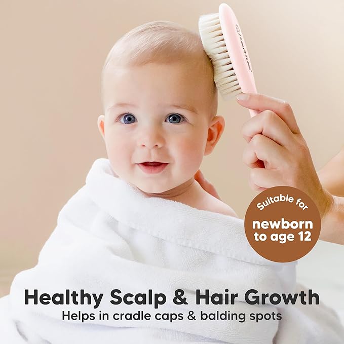 Wooden Baby Hair Brush - Cradle Cap Baby Brush with Soft Goat Bristles, Perfect Gentle Scalp Newborn Comb for Infant, Girls, Boys, Bath Essentials (Blush, Oval)