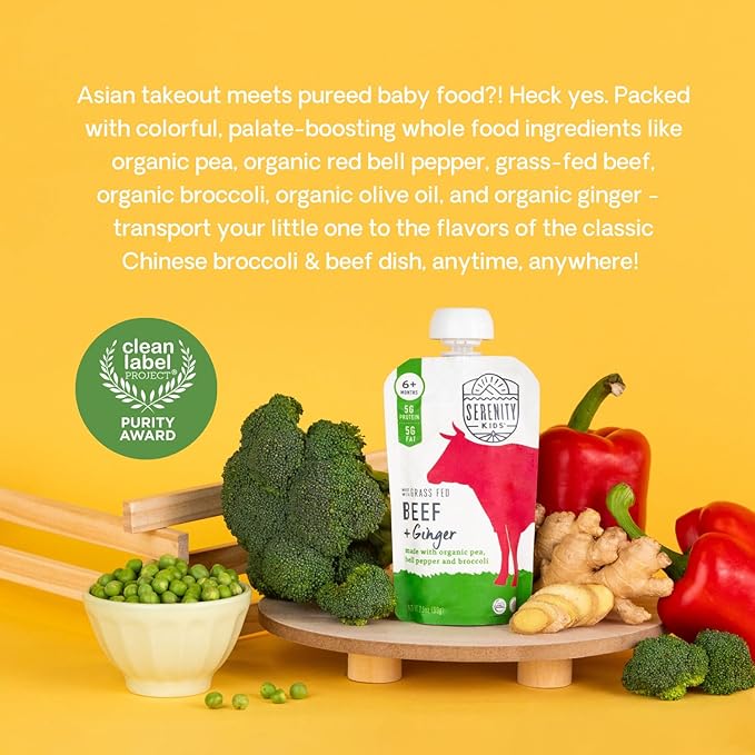 Serenity Kids 6+ Months Baby Food Pouches Puree Made With Ethically Sourced Meats & Organic Veggies | 3.5 Ounce BPA-Free Pouch | Grass Fed Beef & Ginger, Pea, Bell Pepper, Broccoli | 1 Count