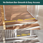 Cumbor 31.6-48" No Bottom Bar Baby Gate for Stairs, 2-in-1 Auto Close Dog Gate Indoor, Hardware Mounted Pet Gate for Doorways with Large Walk Thru Door, Child-Proof Safety Gate for Kids (White)