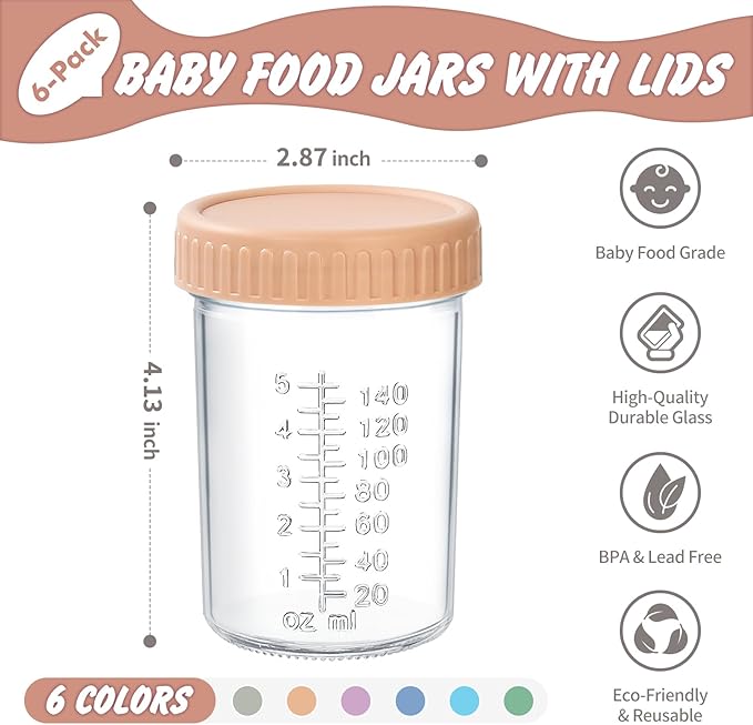 DRKIO 6 Pack Glass Baby Food Storage Containers - 8 Oz Baby Food Jars with Lids Baby Food Maker Microwave Dishwasher Freezer Safe 100% Leak Proof BPA Free Reusable