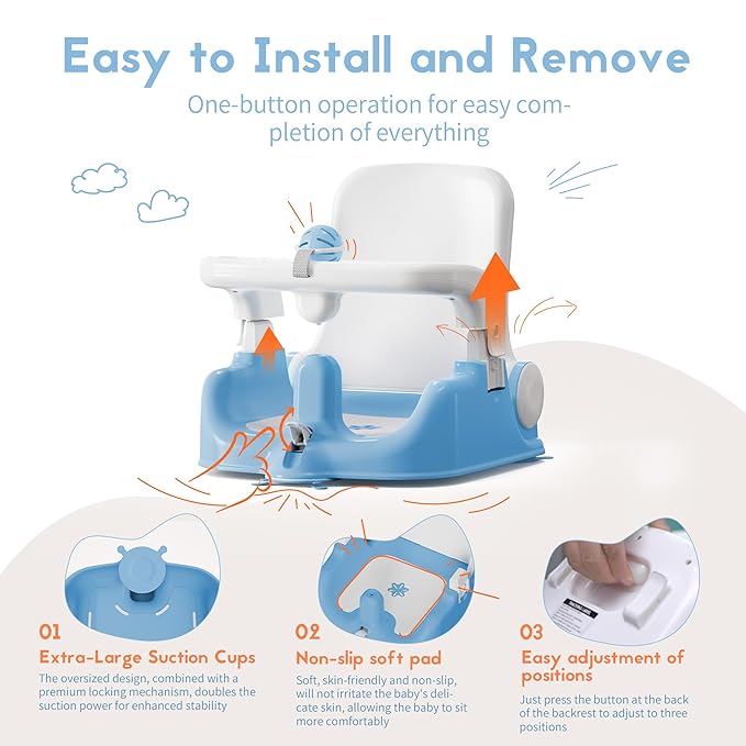 BabyBond Baby Bath Seat with Sitting & Lying 2 Modes, 3-Speed Adjustment, Powerful Suction Cups, Infant Bathtub Chair with Soft and Comfortable Towel, Folding and Hanging