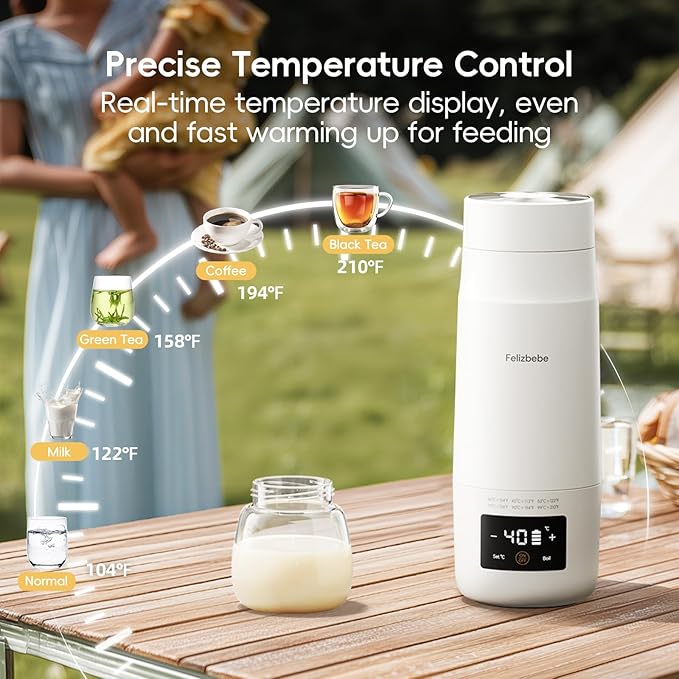 Portable Milk Warmer for Travel, Detachable Bottle Warmer for Breastmilk Formula Water, Boiling Function & Fast Heating, Rechargeable, Healthy for Baby on Journey, Car, Airplane