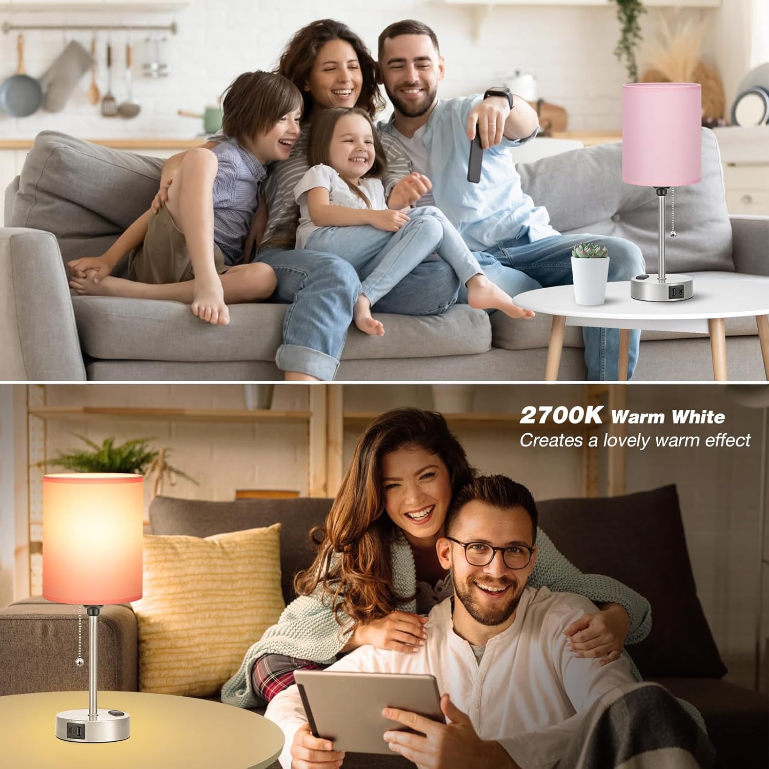 Pink Bedroom Lamp for Bedside - 3 Color Temperatures Desk Lamp with USB C and A Ports, Pull Chain Table Lamp with AC Outlet, Nightstand Lamp with Silver Metal Base for Kids Girls